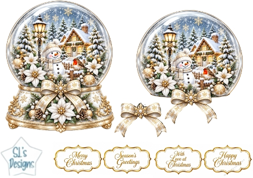 Elegant White & Gold Christmas Snow Globe Cottage Topper for Cards