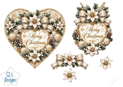 Elegant White & Gold Poinsettia Heart Merry Christmas Topper for Cards