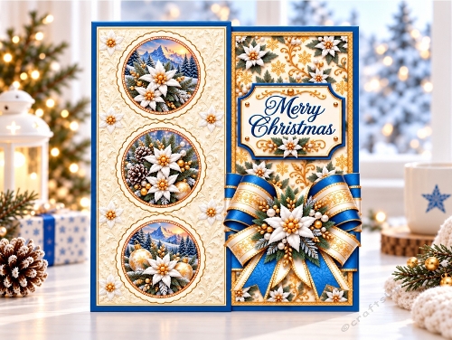 Elegant Blue & Gold Christmas Gatefold Card Kit with White Poinsettias