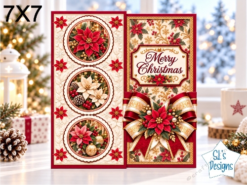 Luxury Red & Gold Christmas Gatefold Card Kit with Poinsettias and Festive Bow