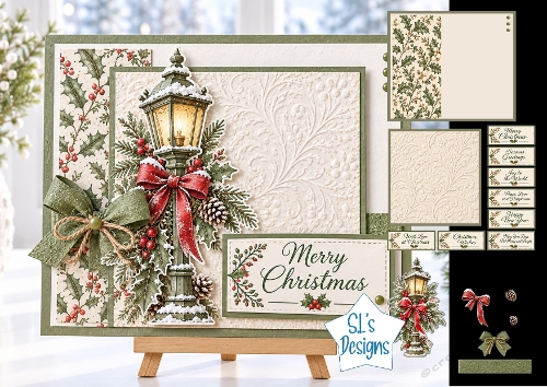 Vintage Christmas Street Lamp Card Kit with Holly, Pinecones & Festive Greetings