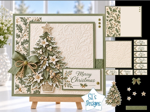 Elegant Vintage Christmas Tree Card Kit with Ivory Poinsettias and Sage Green Accents