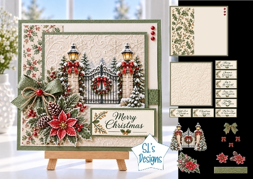  Luxury Christmas Gateway Card Kit with Poinsettia, Pinecones & Festive Lanterns 7x7