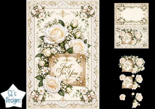 Elegant Cream & White Rose Just for You Floral Topper for Cards