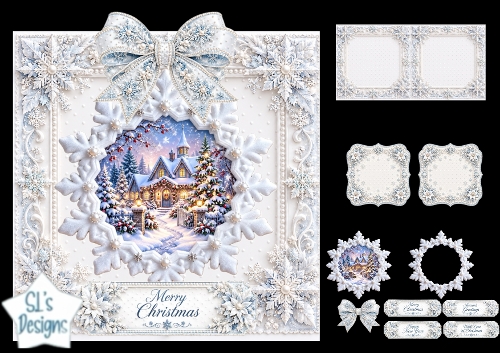 Elegant Snowy Cottage Merry Christmas Topper with Silver Snowflakes