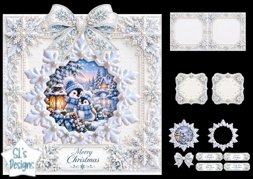 Cute Penguins Merry Christmas Winter Topper with Snowflakes & Lantern