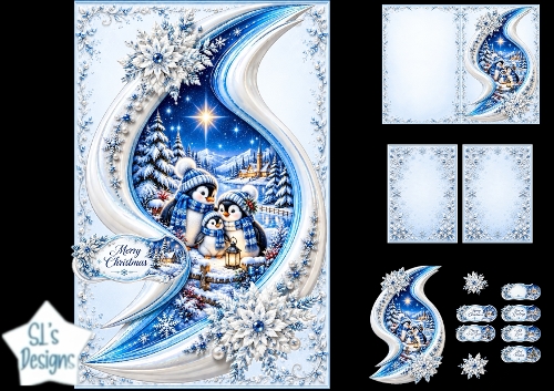 Cute Penguins Merry Christmas Winter Topper with Snowflake Frame