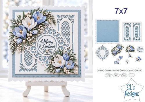 Blue Crocus Christmas Card Kit with Elegant Lace Frames, Winter Floral Decoupage & Sentiments 7x7