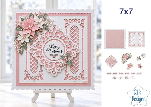 Pink Poinsettia Christmas Card Kit with Elegant Lace Frames, Festive Florals & Sentiments 7x7