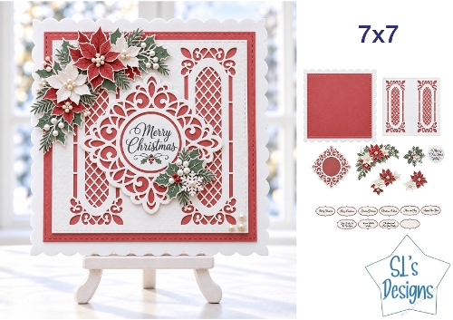  Red & White Poinsettia Christmas Card Kit with Elegant Lace Frames, Festive Florals & Sentiments 7x7