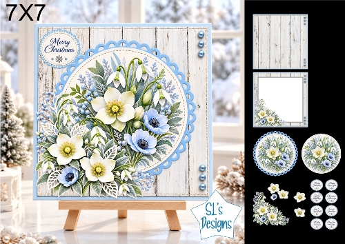 Winter Flowers Christmas Card Kit with Snowdrops, Hellebores & Blue Anemones 7x7