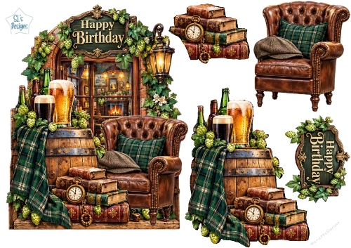 Vintage Pub Birthday Card Kit – Cozy Armchair & Beer Barrel Topper