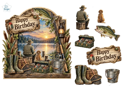 Fishing Dock Birthday Card Kit – Rustic Lake & Dog Topper