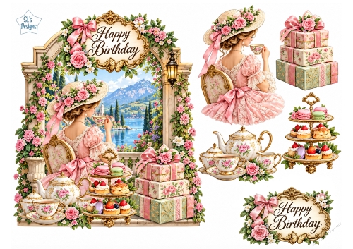 Tea Party Lake Birthday Card Kit – Elegant Pink Vintage Topper