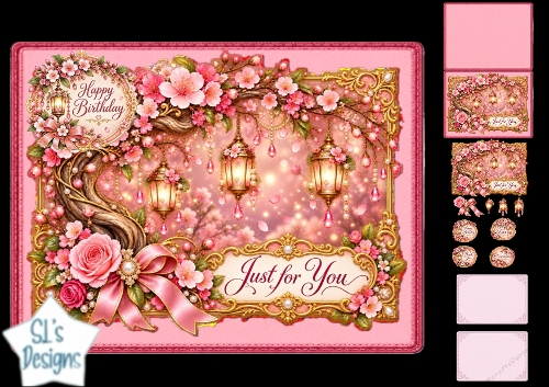 Pink Lantern Birthday Card Kit – Cherry Blossom & Gold Frame