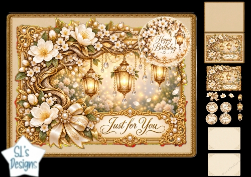 Gold Lantern Birthday Card Kit – White Floral & Elegant Frame