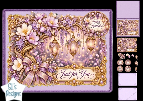 Purple Magnolia Birthday Card Kit – Lantern & Gold Filigree Frame