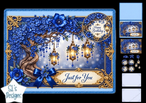 Blue Wisteria Birthday Card Kit – Lantern Tree & Gold Accents