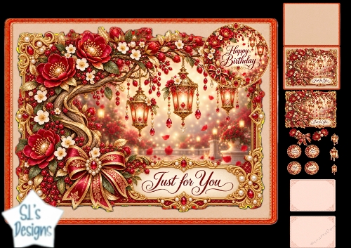 Red Lantern Birthday Card Kit – Floral Gold Frame & Warm Glow