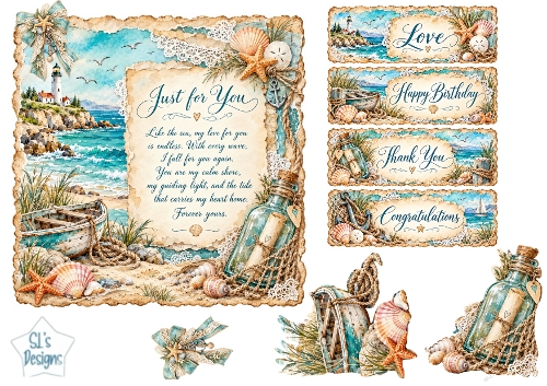 Vintage Seaside Lighthouse Card Kit with Nautical Tags, Sentiments & Embellishments