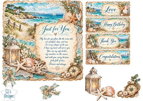 Vintage Coastal Beach Card Kit with Lantern, Compass, Nautical Sentiments & Embellishments
