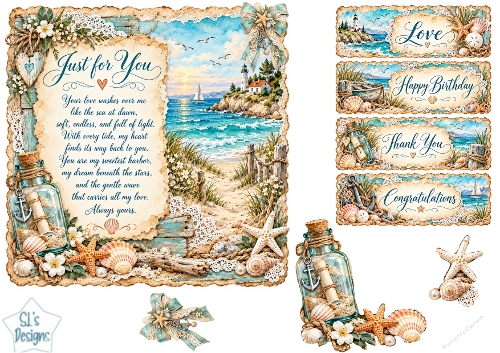 Vintage Lighthouse Beach Card Kit with Ocean View, Message Bottle & Nautical Sentiments