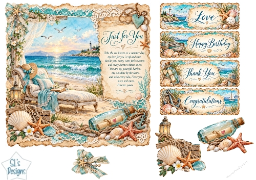 Romantic Seaside Retreat Card Kit with Lighthouse, Beach Lounge & Nautical Sentiments