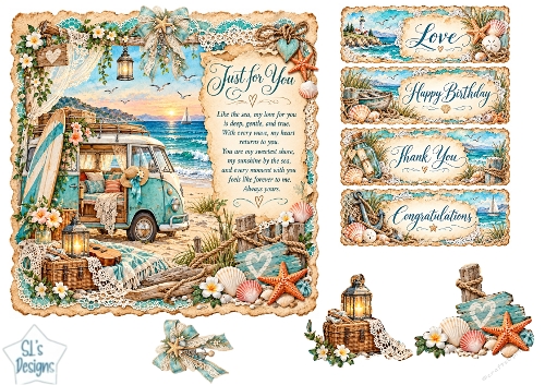 Vintage Beach Camper Van Card Kit with Coastal Sunset, Nautical Sentiments & Embellishments
