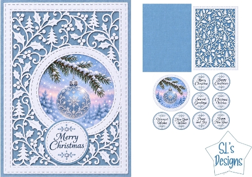Elegant Blue Christmas Bauble Card Kit with Decorative Die Cut Frame and Festive Sentiments