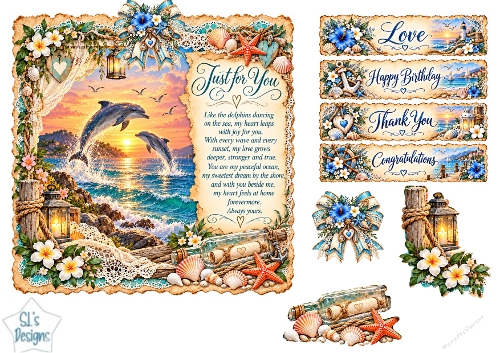 Romantic Dolphin Sunset Card Kit with Coastal Nautical Sentiments & Embellishments