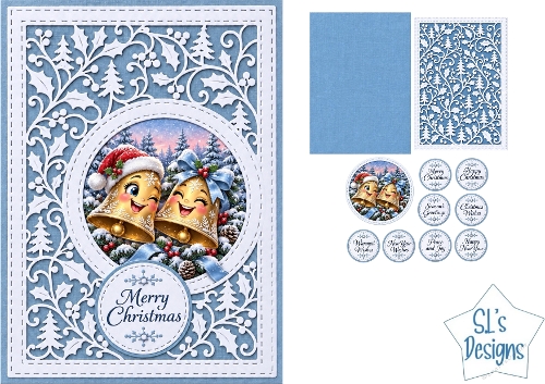 Cute Christmas Bells Card Kit with Decorative Die Cut Frame and Festive Sentiments