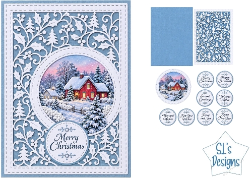 Snowy Winter Cottage Christmas Card Kit with Decorative Die Cut Frame and Festive Sentiments