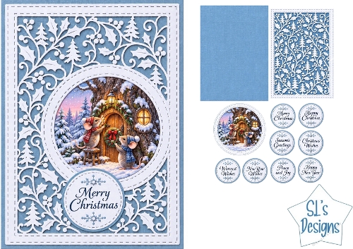 Cute Christmas Mice Card Kit with Decorative Die Cut Frame and Festive Sentiments