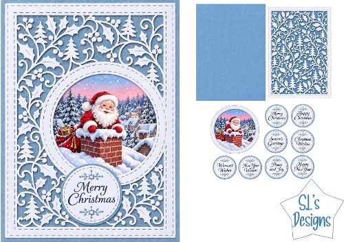 Traditional Santa Claus Christmas Card Kit with Decorative Die Cut Frame and Festive Sentiments