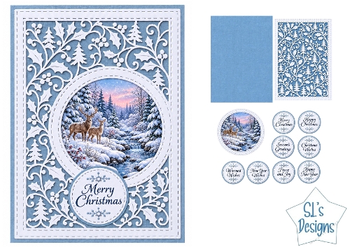 Winter Stag and Doe Christmas Card Kit with Decorative Die Cut Frame and Festive Sentiments
