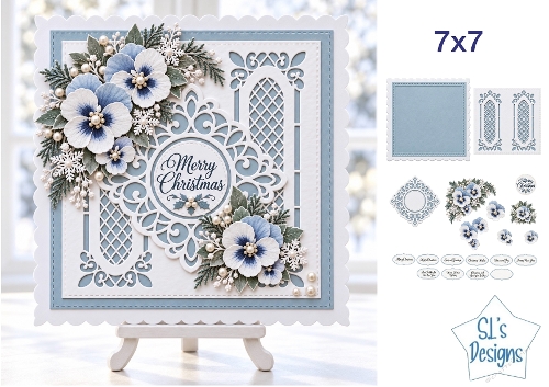 Elegant Blue and White Pansy Christmas Card Kit with Layered Die Cut Elements and Festive Sentiments