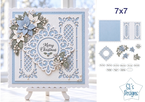 Elegant Blue Poinsettia Christmas Card Kit with Layered Die Cut Elements and Festive Sentiments