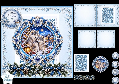 Luxury Blue Christmas Wolf Family