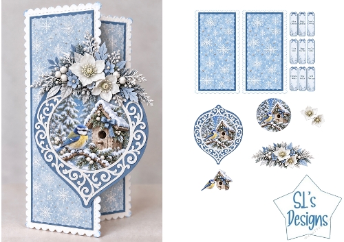 Blue Tit & Snowy Birdhouse Christmas Ornament Card Kit