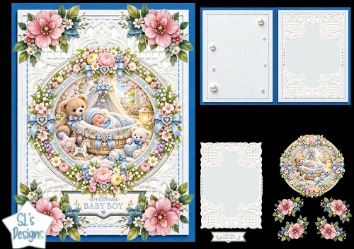 Baby Boy Teddy Bear Floral Round Topper Card Kit