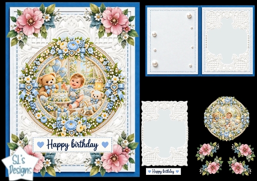1st Birthday Boy Teddy Bear Floral Round Topper Card Kit