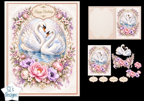Elegant Swan Couple Floral Lace Birthday Card Topper