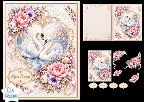 Romantic Swan Pair Floral Lace Card Topper
