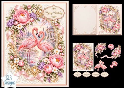Romantic Pink Flamingo Couple Floral 