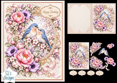 Sweet Bluebird Couple Floral Lace Birthday Card Topper