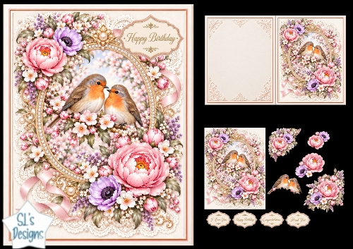 Sweet Robin Love Birds Floral Lace Birthday Card Topper