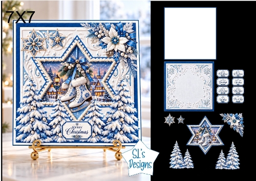 Blue Ice Skates Christmas Card Kit with Winter Village Star Scene, Snowy Trees & Festive Sentiments 7x7
