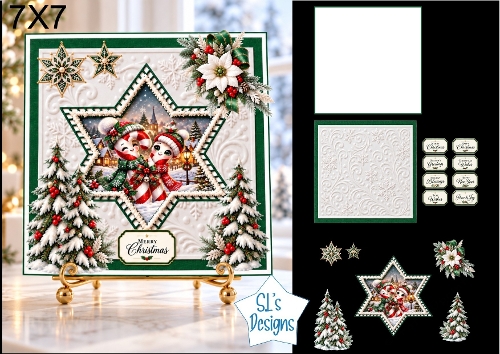 Cute Christmas Candy Cane Friends Card Kit with Winter Village Star Scene & Festive Sentiments 7x7