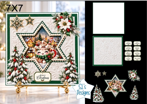 Cute Christmas Mug Card Kit with Winter Village Star Scene, Snowy Trees & Festive Sentiments 7x7