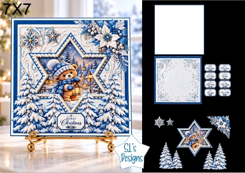 Cute Christmas Teddy Bear Card Kit with Winter Village Star Scene, Snowy Trees & Festive Sentiments 7x7
